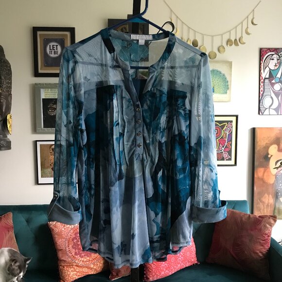 JUNIPER + LIME size L Blue Print Stretch Mesh Pintuck Popover Blouse Top - Picture 1 of 5